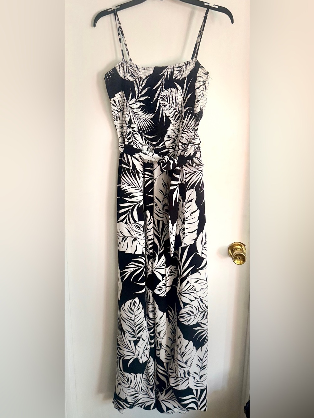 Black & White Tropical Print Maxi Jumpsuit.